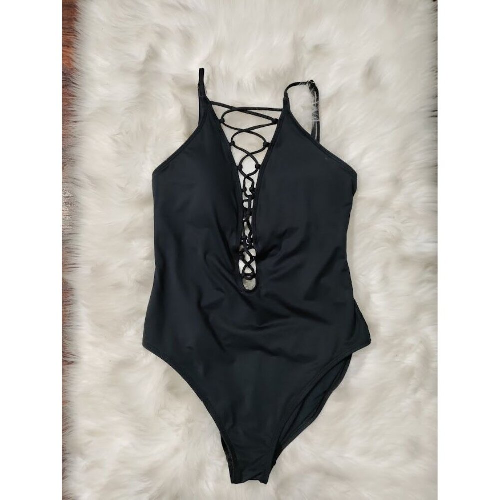 La Blanca One Piece Swimsuit Lace Up Criss Cross Swimwear Black Women's Size 12 - Picture 3 of 10